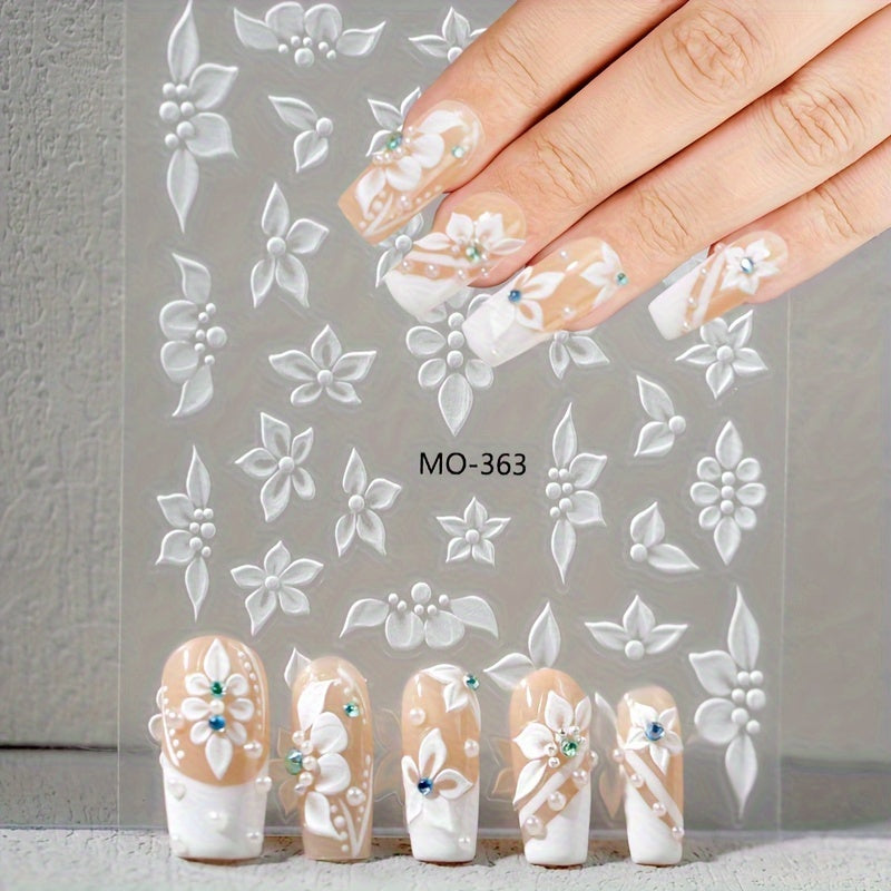 1 Set 3D Embossed Floral Nail Art Stickers - Self-Adhesive Plastic Nail Embellishments, Matte Finish, Plant Theme, Single Use, Irregular Shape - Unscented, Nail Art Decor | Floral Nail Design | Durable Nail Stickers